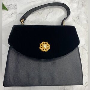 Vintage black velvet top handle purse with long crossbody strap approx. 5”x7”
